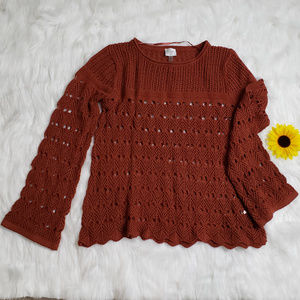 Cupio Bell Sleeve Crochet Boho Sweater Size Large